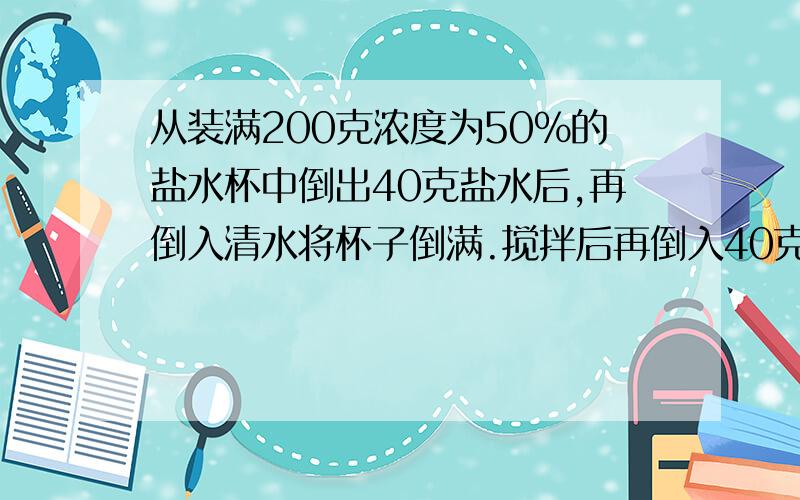 从装满200克浓度为50％的盐水杯中倒出40克盐水后,再倒入清水将杯子倒满.搅拌后再倒入40克盐水,然后...从装满200克浓度为50％的盐水杯中倒出40克盐水后,再倒入清水将杯子倒满.搅拌后再倒入4