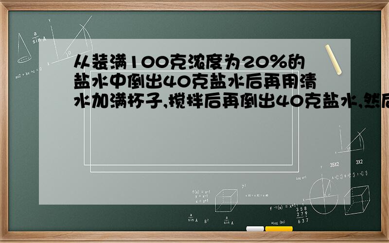 从装满100克浓度为20％的盐水中倒出40克盐水后再用清水加满杯子,搅拌后再倒出40克盐水,然后再加满清水快·······