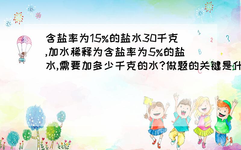 含盐率为15%的盐水30千克,加水稀释为含盐率为5%的盐水,需要加多少千克的水?做题的关键是什么,讲解一下做题方法