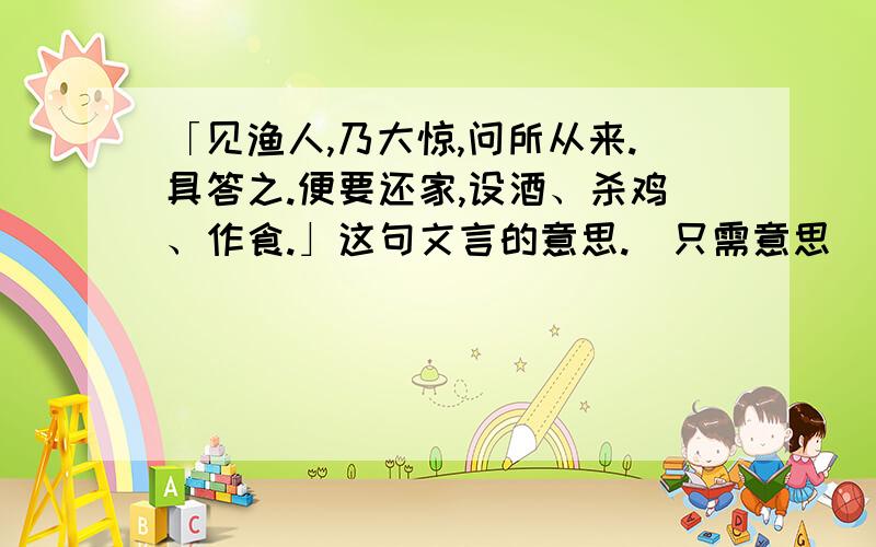 「见渔人,乃大惊,问所从来.具答之.便要还家,设酒、杀鸡、作食.」这句文言的意思.（只需意思）