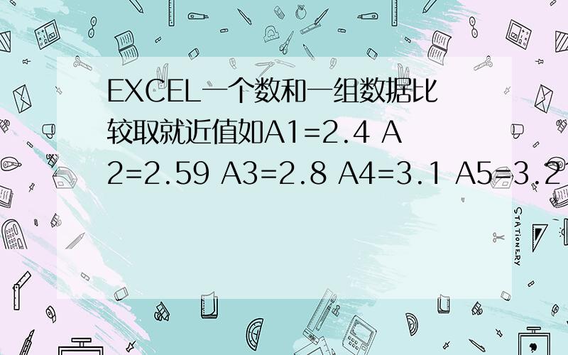 EXCEL一个数和一组数据比较取就近值如A1=2.4 A2=2.59 A3=2.8 A4=3.1 A5=3.21 B1=2.2 B2=2.38 B3=2.47 B4=2.60 B5=2.71 C1需要和上面的数据进行比较,找出最接近的数