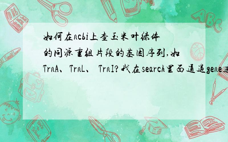 如何在ncbi上查玉米叶绿体的同源重组片段的基因序列,如TrnA、TrnL、 TrnI?我在search里面通过gene选项搜索时显示的条目很多是tRNA序列,都是转运RNA的序列,很短,而我要找的是很大的同源片段,希望