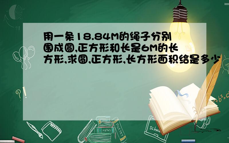 用一条18.84M的绳子分别围成圆,正方形和长是6M的长方形,求圆,正方形,长方形面积给是多少