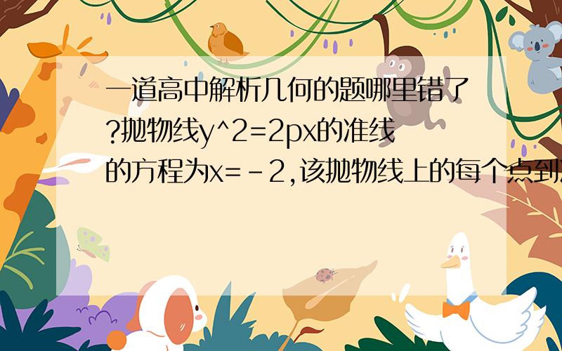 一道高中解析几何的题哪里错了?抛物线y^2=2px的准线的方程为x=-2,该抛物线上的每个点到准线x=-2的距离都与到定点N的距离相等,圆N是以N为圆心,同时与直线l1：y=x和l2：y=-x相切的圆．问:是否存