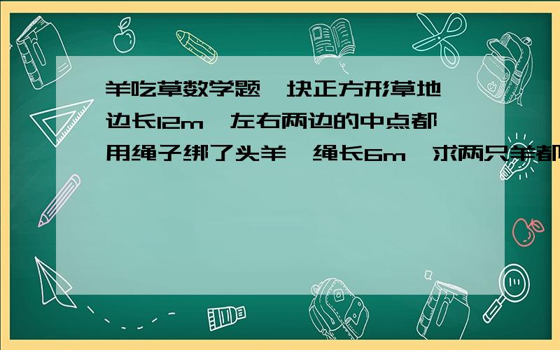 羊吃草数学题一块正方形草地,边长12m,左右两边的中点都用绳子绑了头羊,绳长6m,求两只羊都可以吃到草的面积要两只羊都可以吃到