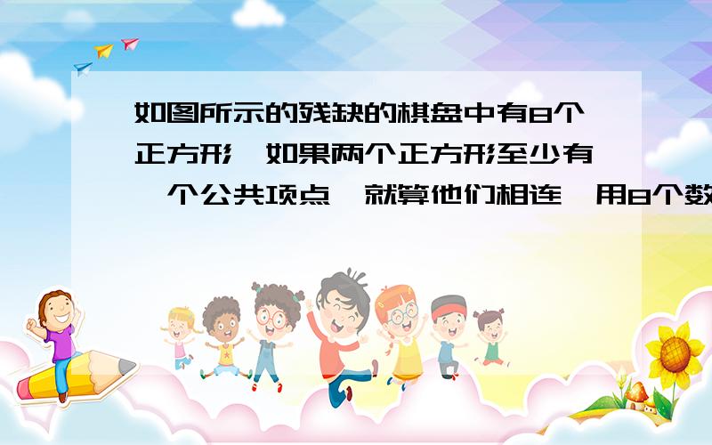 如图所示的残缺的棋盘中有8个正方形,如果两个正方形至少有一个公共项点,就算他们相连,用8个数1,2,3,4,5,6,7,8,给这些正方形编号（不可重复）,且相连的正方形的标号数不相继,则有多少种标