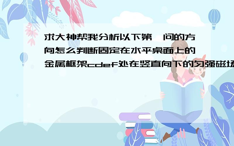 求大神帮我分析以下第一问的方向怎么判断固定在水平桌面上的金属框架cdef处在竖直向下的匀强磁场中,金属棒ab搁在框架上,可无摩擦地滑动．此时abed构成一个边长为L的正方形,棒的电阻为r,