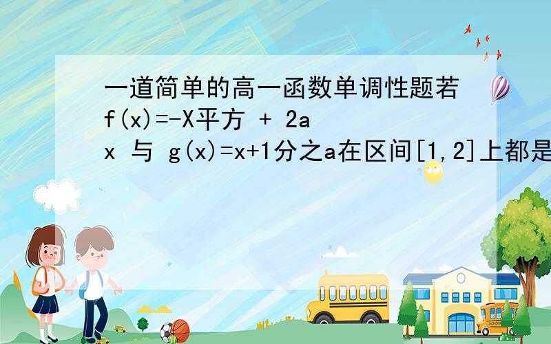 一道简单的高一函数单调性题若f(x)=-X平方 + 2ax 与 g(x)=x+1分之a在区间[1,2]上都是减函数,则a的取值范围是 多少