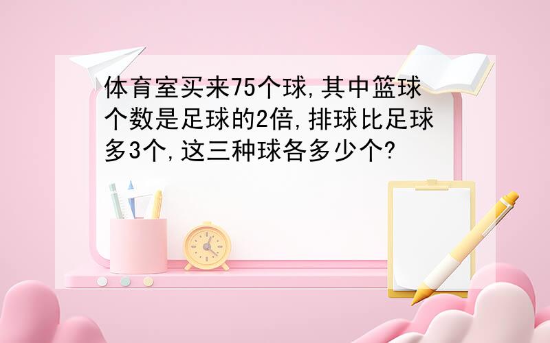 体育室买来75个球,其中篮球个数是足球的2倍,排球比足球多3个,这三种球各多少个?