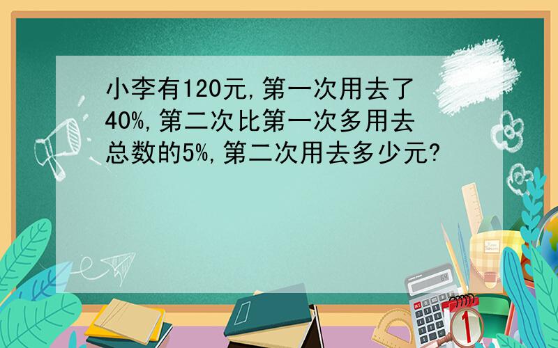 小李有120元,第一次用去了40%,第二次比第一次多用去总数的5%,第二次用去多少元?