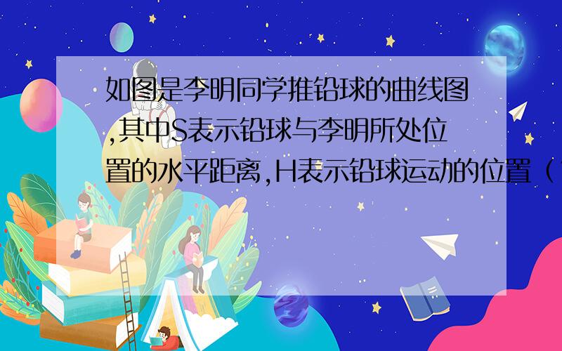 如图是李明同学推铅球的曲线图,其中S表示铅球与李明所处位置的水平距离,H表示铅球运动的位置（1)观察图像填表S 0   3   6   7.9H （2）当距离S取0-7.98之间的一个确定的.（3)李明此次推铅球的