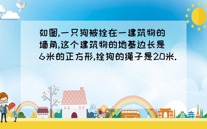 如图,一只狗被拴在一建筑物的墙角,这个建筑物的地基边长是6米的正方形,拴狗的绳子是20米.