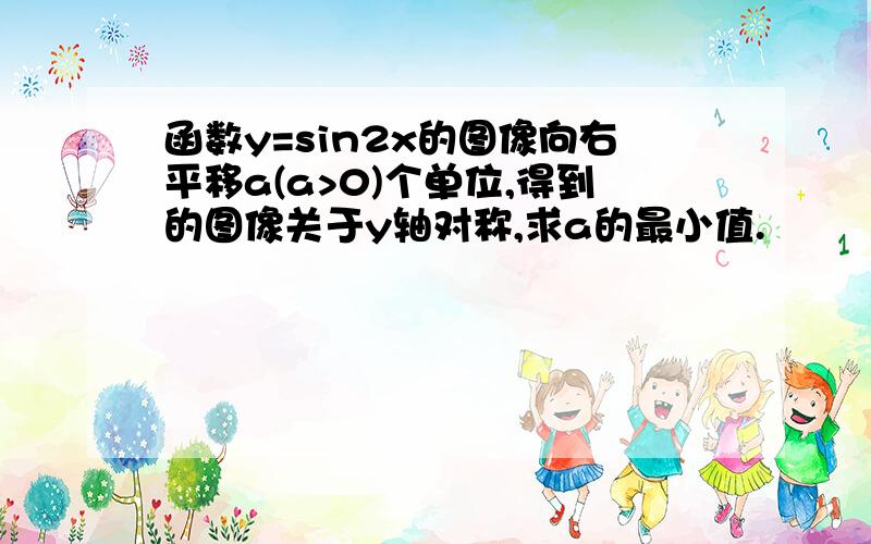 函数y=sin2x的图像向右平移a(a>0)个单位,得到的图像关于y轴对称,求a的最小值.