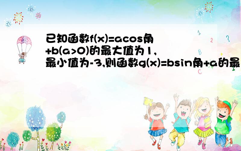 已知函数f(x)=acos角+b(a>0)的最大值为1,最小值为-3,则函数g(x)=bsin角+a的最大值为