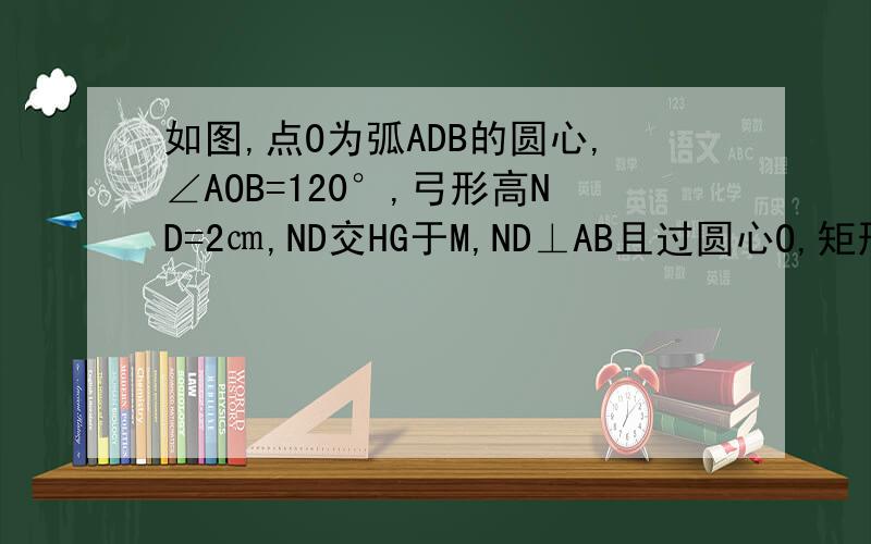 如图,点O为弧ADB的圆心,∠AOB=120°,弓形高ND=2㎝,ND交HG于M,ND⊥AB且过圆心O,矩形EFGH的顶点E,F在弦AB上,点H,G在弧AB上,且EF=4HE.求EF的长.