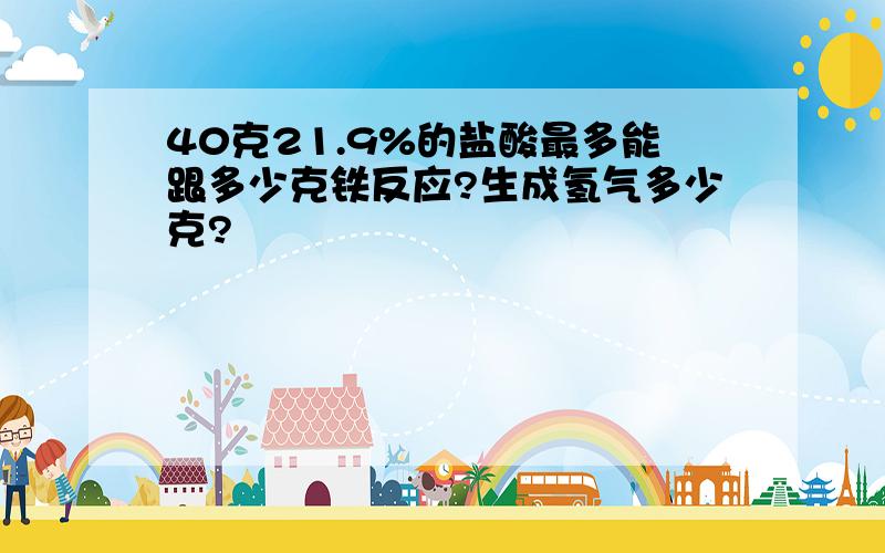 40克21.9%的盐酸最多能跟多少克铁反应?生成氢气多少克?