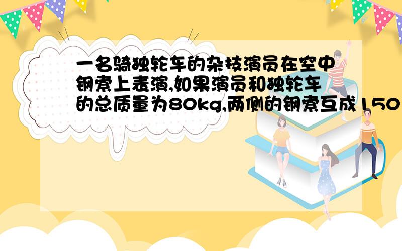 一名骑独轮车的杂技演员在空中钢索上表演,如果演员和独轮车的总质量为80kg,两侧的钢索互成150°夹角,求钢索所受拉力有多大?（cos75°=0.259,g取10）