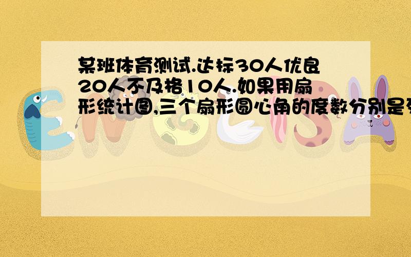 某班体育测试.达标30人优良20人不及格10人.如果用扇形统计图,三个扇形圆心角的度数分别是列式计算