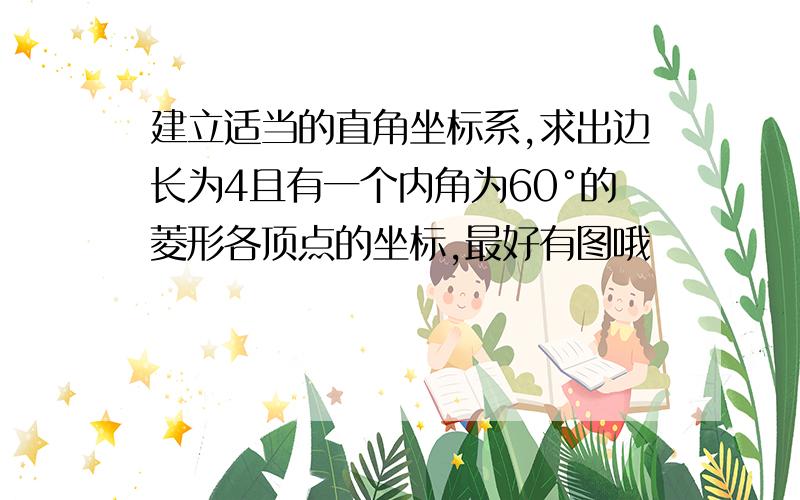 建立适当的直角坐标系,求出边长为4且有一个内角为60°的菱形各顶点的坐标,最好有图哦