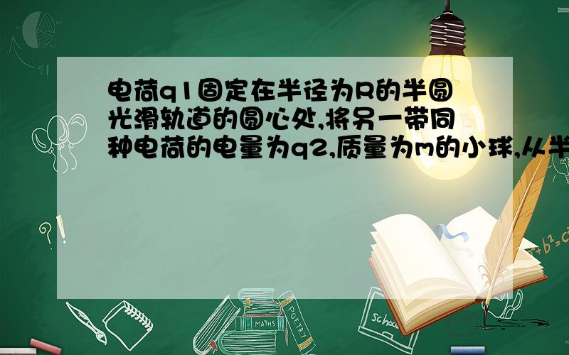 电荷q1固定在半径为R的半圆光滑轨道的圆心处,将另一带同种电荷的电量为q2,质量为m的小球,从半圆轨道左端无初速释放,当小球滑到q1的正下方时,对轨道的压力.3mg+kq1q2/（R*R）