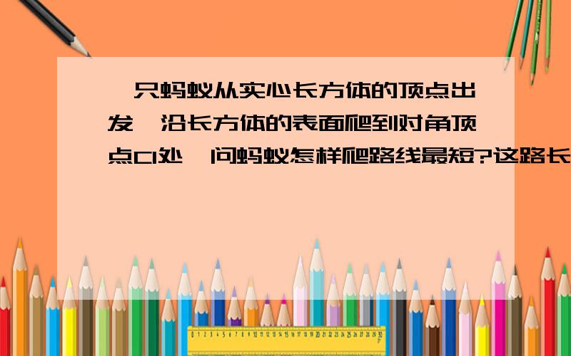 一只蚂蚁从实心长方体的顶点出发,沿长方体的表面爬到对角顶点C1处,问蚂蚁怎样爬路线最短?这路长为多少