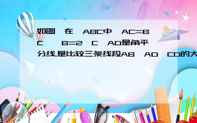 如图,在△ABC中,AC=BC,∠B=2∠C,AD是角平分线.是比较三条线段AB、AD、CD的大小,并说出你的理由.