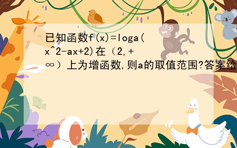 已知函数f(x)=loga(x^2-ax+2)在（2,+∞）上为增函数,则a的取值范围?答案给的是1