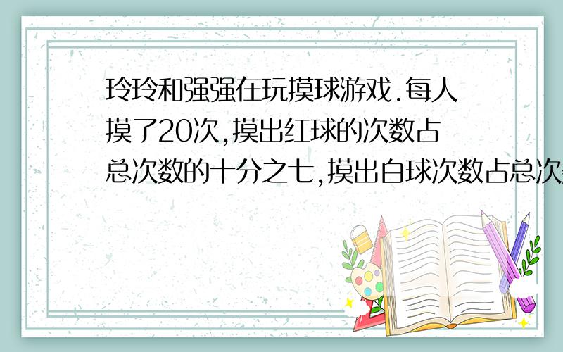 玲玲和强强在玩摸球游戏.每人摸了20次,摸出红球的次数占总次数的十分之七,摸出白球次数占总次数四分之一,摸出黄球的次数占总次数的二十分之一.请你猜一猜,盒子里哪种颜色的球可能最