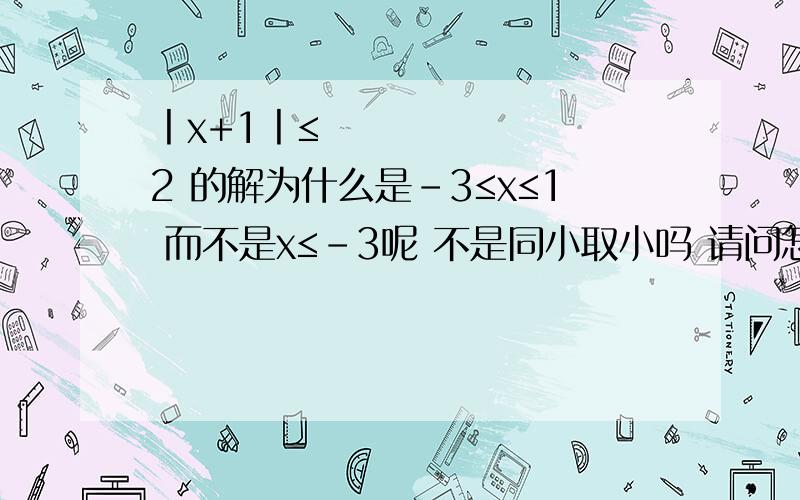 丨x+1丨≤2 的解为什么是-3≤x≤1 而不是x≤-3呢 不是同小取小吗 请问怎么算丨x+1丨≤2 的解为什么是-3≤x≤1 而不是x≤-3呢 不是同小取小吗 请问怎么算的求过程