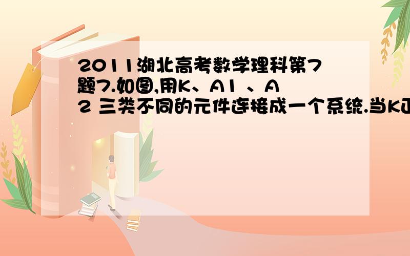 2011湖北高考数学理科第7题7.如图,用K、A1 、A2 三类不同的元件连接成一个系统.当K正常工作且A1 、A2 至少有一个正常工作时,系统正常工作,已知K、A1 、A2 正常工作的概率依次是0.9、0.8、0.8,则