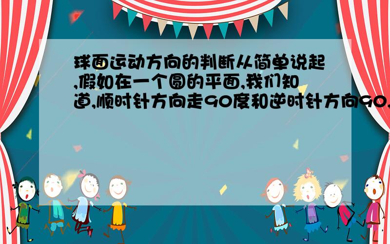 球面运动方向的判断从简单说起,假如在一个圆的平面,我们知道,顺时针方向走90度和逆时针方向90,两者的距离是相等的,但顺时针的是正方向,逆时针的是反方向.仅是从90度这个数字来看,我们