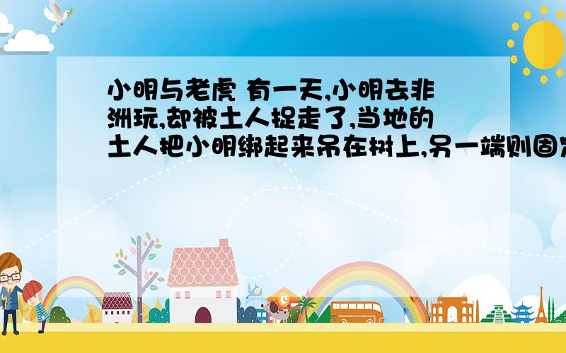 小明与老虎 有一天,小明去非洲玩,却被土人捉走了,当地的土人把小明绑起来吊在树上,另一端则固定在离小