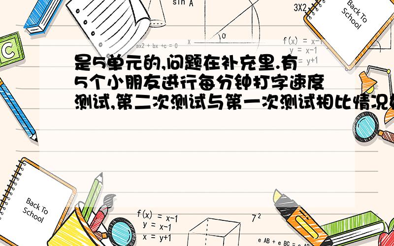 是5单元的,问题在补充里.有5个小朋友进行每分钟打字速度测试,第二次测试与第一次测试相比情况如下：（增加为正,减少为负）15个 —3个 10个 —20个 —4个第二次每分钟打字的总个数与第一