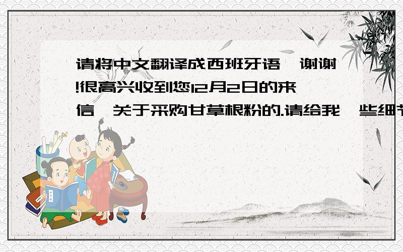 请将中文翻译成西班牙语,谢谢!很高兴收到您12月2日的来信,关于采购甘草根粉的.请给我一些细节,比如它的英文名,化学名,CAS号码,EINECS号码,和质量标准.收到您的回信后,我会尽快回复您的!上