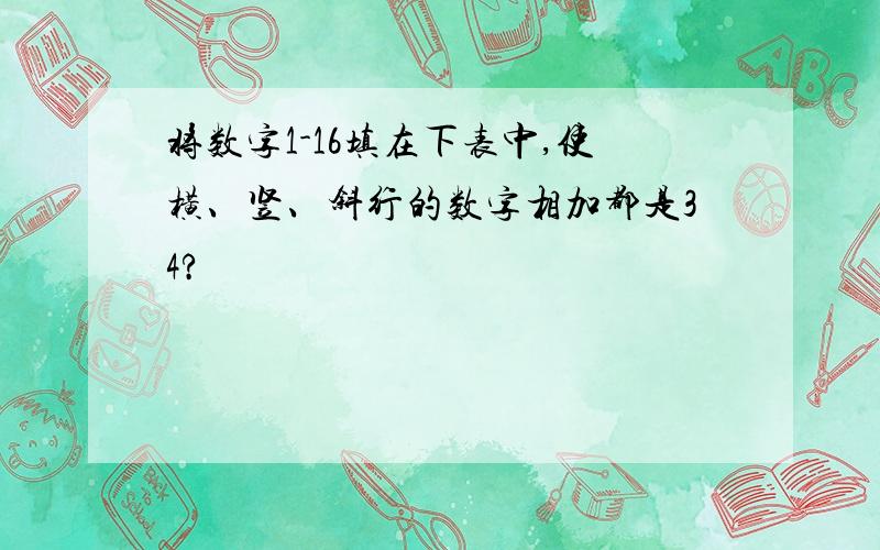 将数字1-16填在下表中,使横、竖、斜行的数字相加都是34?