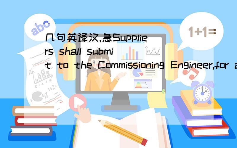 几句英译汉,急Suppliers shall submit to the Commissioning Engineer,for approval,a commissioning manual detailing the sequence and operation of all commissioning and testing work and procedures necessary to complete the works.The manual shall be