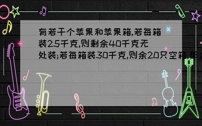 有若干个苹果和苹果箱,若每箱装25千克,则剩余40千克无处装;若每箱装30千克,则余20只空箱.那么苹果有__千克,苹果箱有__只.总得有个讲解八.我就是列不对方程 ..