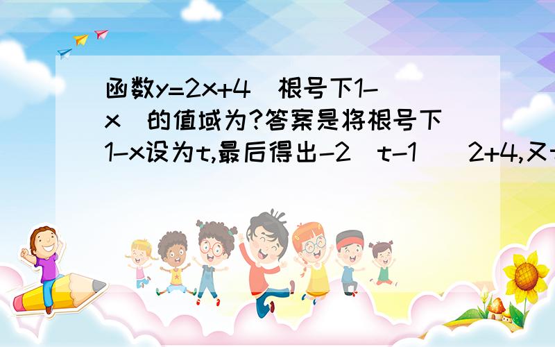 函数y=2x+4（根号下1-x）的值域为?答案是将根号下1-x设为t,最后得出-2（t-1）^2+4,又t≥0.所以为什么得出了t=1,y=4,∴y≤4,最后的结果都是怎么求出来的?