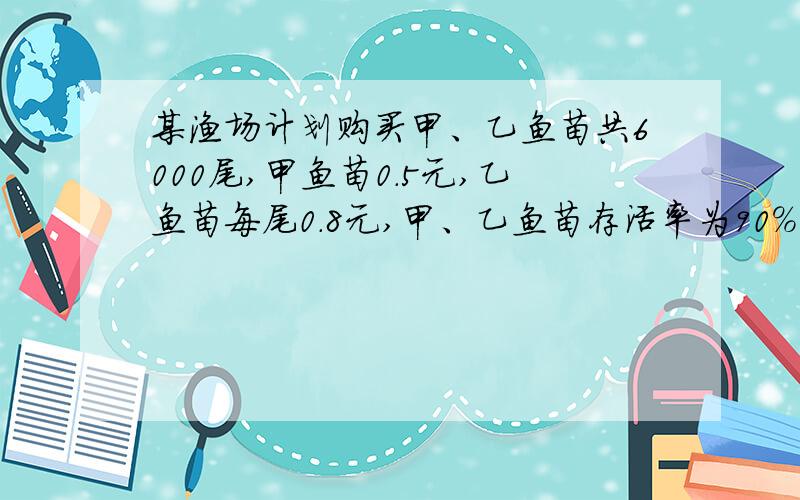 某渔场计划购买甲、乙鱼苗共6000尾,甲鱼苗0.5元,乙鱼苗每尾0.8元,甲、乙鱼苗存活率为90%、95%!假如购买这批鱼苗共用3600元,求甲、乙两种鱼苗各购买多少尾?假如购买这批鱼苗的钱不超过4200元,