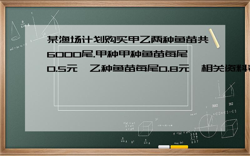 某渔场计划购买甲乙两种鱼苗共6000尾.甲种甲种鱼苗每尾0.5元,乙种鱼苗每尾0.8元,相关资料表明,甲乙两种鱼苗的成活率分别为90％和95％.（1）若购买这批鱼苗共用了3600元,求甲乙两种鱼苗各购