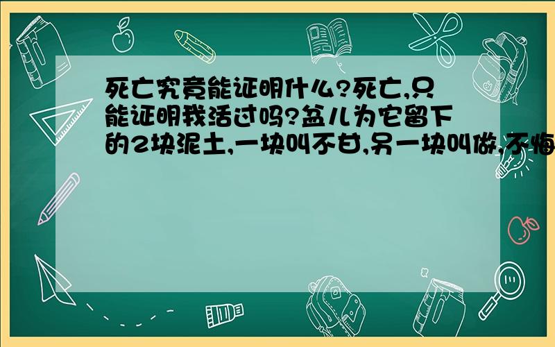 死亡究竟能证明什么?死亡,只能证明我活过吗?盆儿为它留下的2块泥土,一块叫不甘,另一块叫做,不悔.神所遗弃 幻影之仔