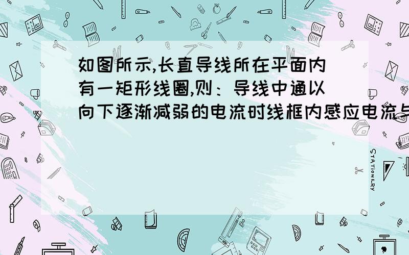 如图所示,长直导线所在平面内有一矩形线圈,则：导线中通以向下逐渐减弱的电流时线框内感应电流与图反向并向左运动我明白向左运动是为了削弱磁通量的减小,那为什么不考虑异向电流相