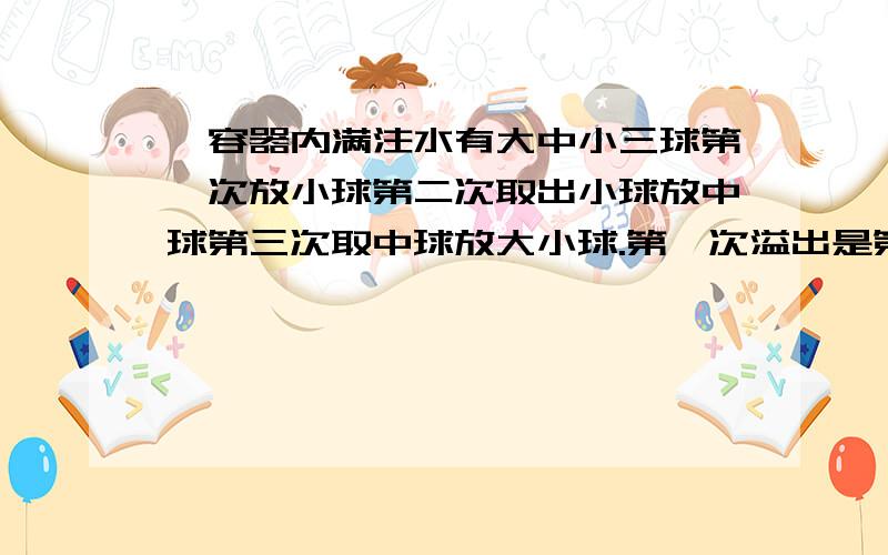 一容器内满注水有大中小三球第一次放小球第二次取出小球放中球第三次取中球放大小球.第一次溢出是第一次发1/3第三次溢出是第一次的2.5倍球体积比