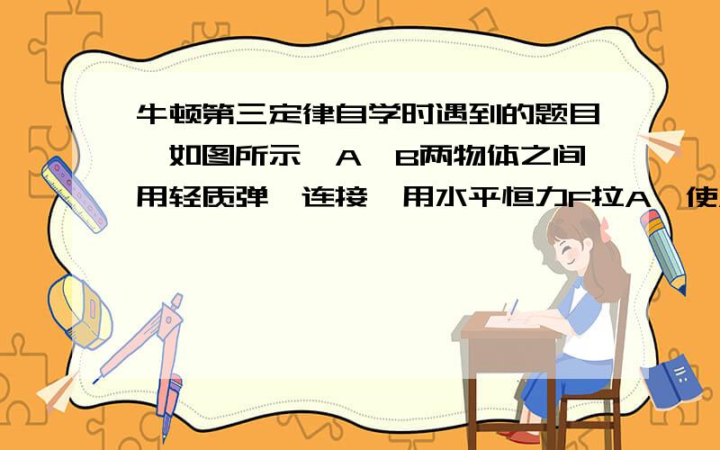 牛顿第三定律自学时遇到的题目,如图所示,A、B两物体之间用轻质弹簧连接,用水平恒力F拉A,使A、B一起沿光滑水平面做匀加速直线运动,这时弹簧长度为L1；若将A、B置于粗糙水平面上,用相同的