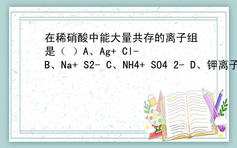 在稀硝酸中能大量共存的离子组是（ ）A、Ag+ Cl- B、Na+ S2- C、NH4+ SO4 2- D、钾离子、亚硫酸根离子