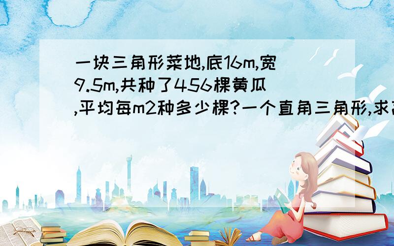 一块三角形菜地,底16m,宽9.5m,共种了456棵黄瓜,平均每m2种多少棵?一个直角三角形,求高,有6cm的高和8cm的底,还有10cm的底,10cm的那条高多少cm?I'm 对不起