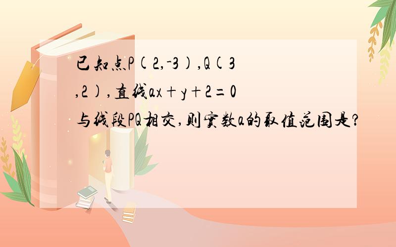 已知点P(2,-3),Q(3,2),直线ax+y+2=0与线段PQ相交,则实数a的取值范围是?