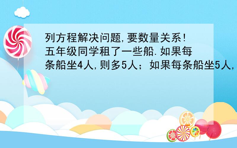 列方程解决问题,要数量关系!五年级同学租了一些船.如果每条船坐4人,则多5人；如果每条船坐5人,则有4个空位.有多少个同学,多少条船?