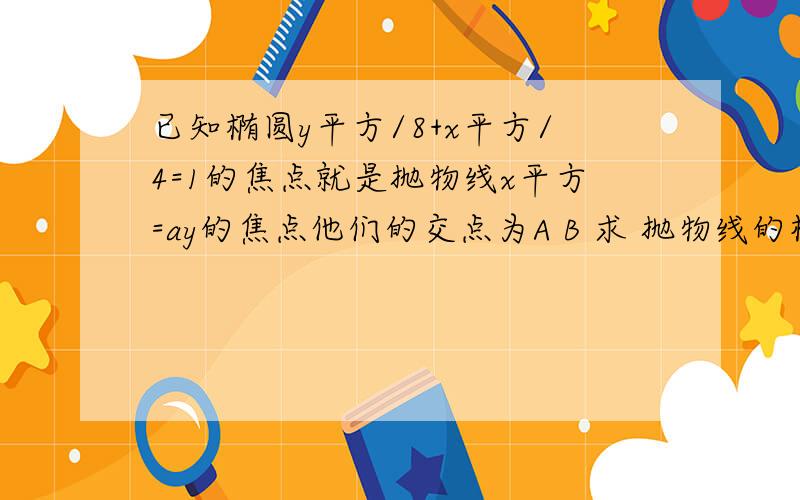 已知椭圆y平方/8+x平方/4=1的焦点就是抛物线x平方=ay的焦点他们的交点为A B 求 抛物线的标准方程和准线方程 交点A和B的纵坐标Ya和Yb 交点A、B与相应的抛物线焦点之间的距离