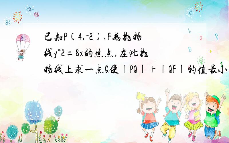 已知P(4,-2),F为抛物线y^2=8x的焦点,在此抛物线上求一点Q使|PQ|+|QF|的值最小,则点Q